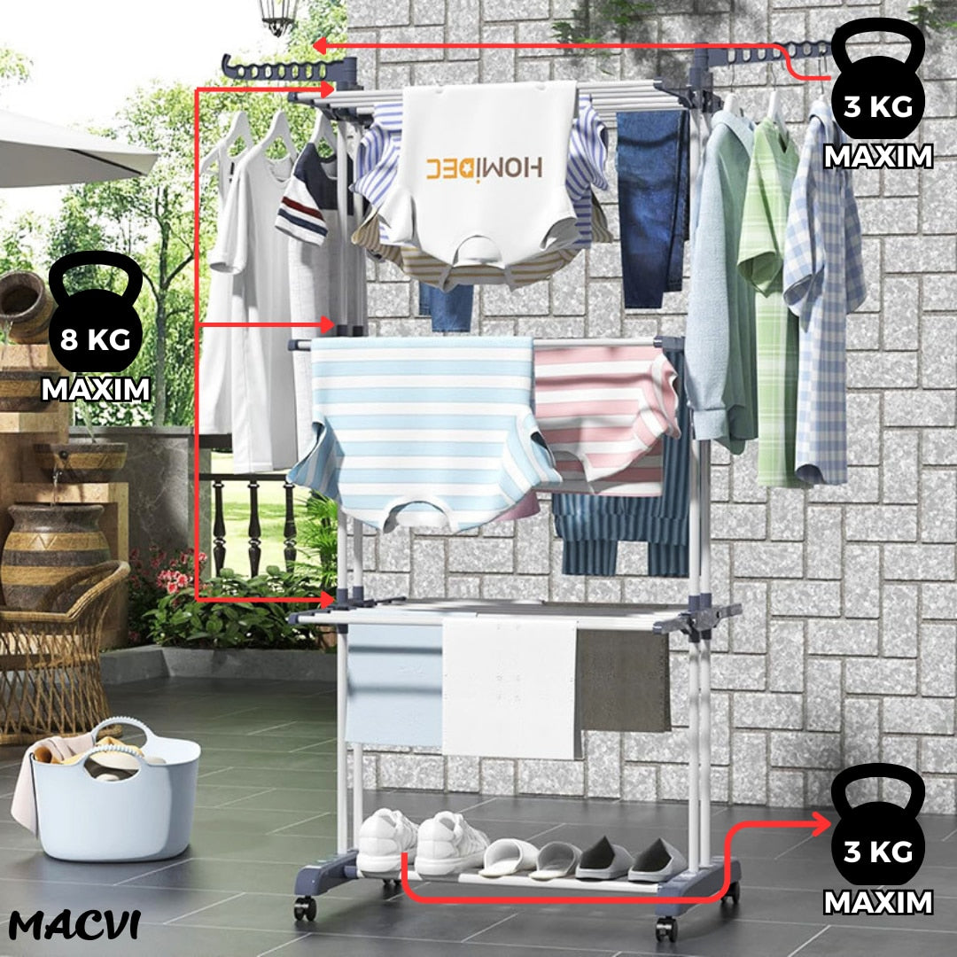 Uscator vertical pentru rufe Macvi®, cu 3 nivele de uscare, mobil si pliabil, suport umerase, gri