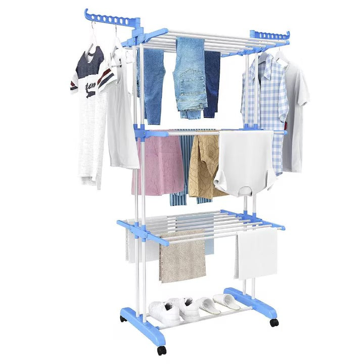Uscator vertical pentru rufe Macvi®, cu 3 nivele de uscare, mobil si pliabil, suport umerase, albastru