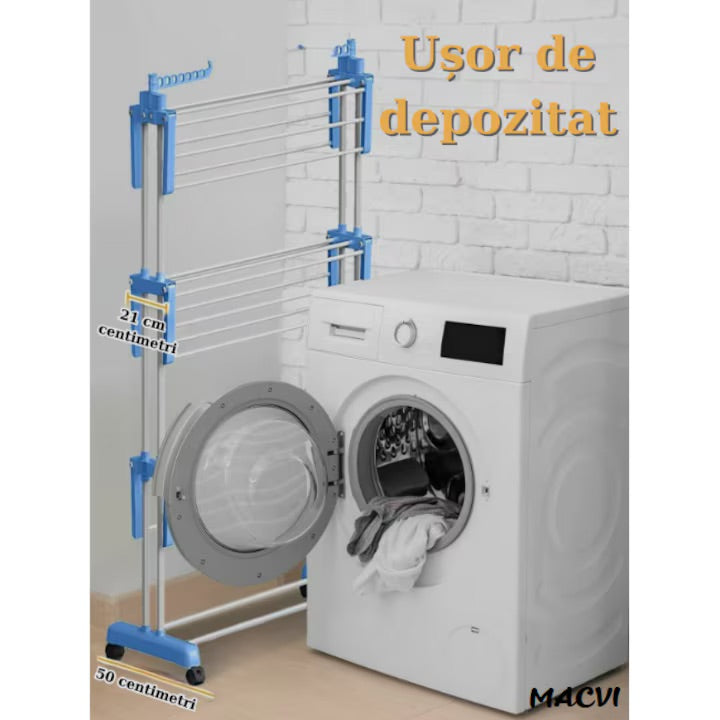 Uscator vertical pentru rufe Macvi®, cu 3 nivele de uscare, mobil si pliabil, suport umerase, albastru