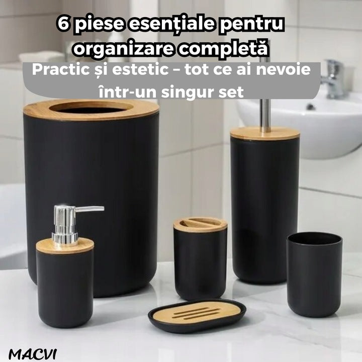Set Baie Macvi® 6 Piese Negru Mat cu Accente de Lemn, Cos Gunoi, Perie WC, Dozator Sapun, Suport Periute, Pahar si Sapuniera