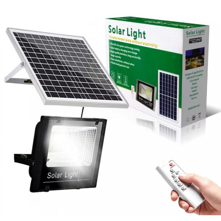 Lampa Solara si panou separat Macvi®, 200W, 130 LED COB, IP67, Telecomanda, Iluminare 10 Ore, Instalare Fara Intretinere