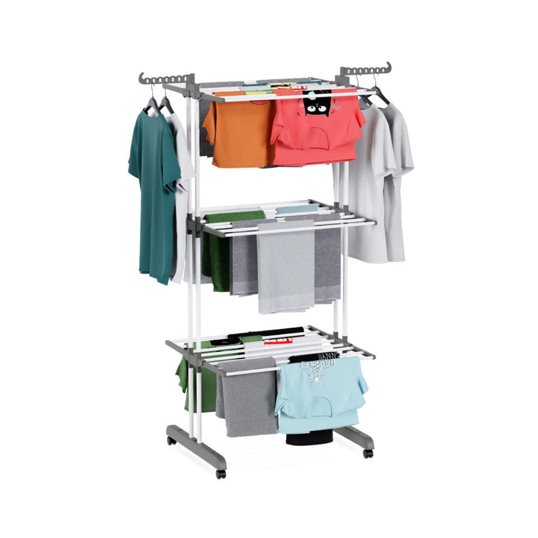 Uscator vertical pentru rufe Macvi®, cu 3 nivele de uscare, mobil si pliabil, suport umerase, gri