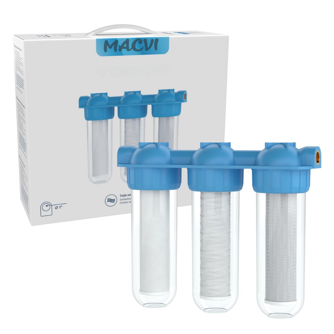 Sistem de Filtrare Apa Macvi® Triplu 3/4", 3 Trepte cu Carbone Activ, Bumbac si Sita, Microfiltrare 5 Microni, 34.5 cm, Alb/Albastru