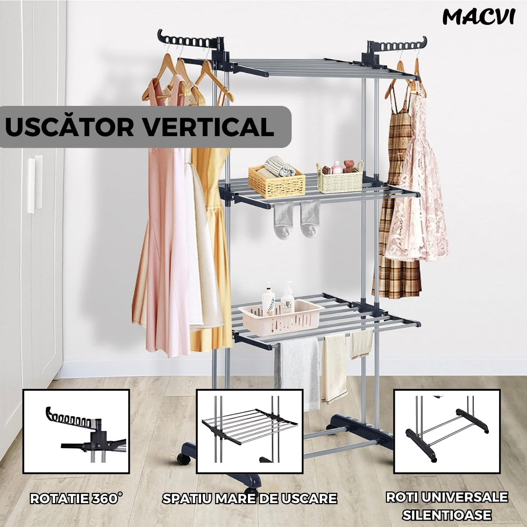 Uscator vertical pentru rufe, cu 3 nivele de uscare, mobil si pliabil, suport umerase, negru