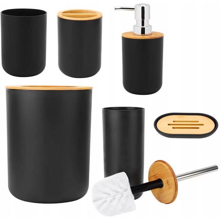 Set Baie Macvi® 6 Piese Negru Mat cu Accente de Lemn, Cos Gunoi, Perie WC, Dozator Sapun, Suport Periute, Pahar si Sapuniera