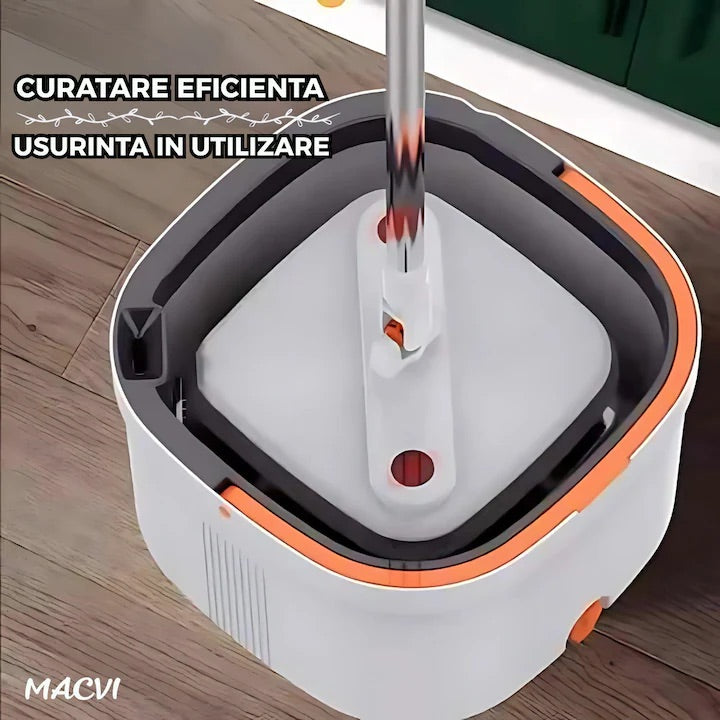 Mop Rotativ Macvi® cu Galeata, 2 lavete microfibra, functie de autocuratare, Rotatie 360°, Stoarcere Automata, Gri Deschis