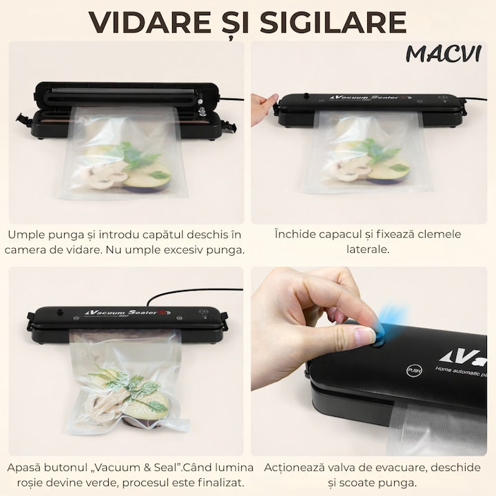 Aparat de Vidat Macvi® Alimente 110W cu Functie de Sigilare, Pompa Puternica, Compact si Usor de Utilizat pachetul include 10 Pungi de Vidat