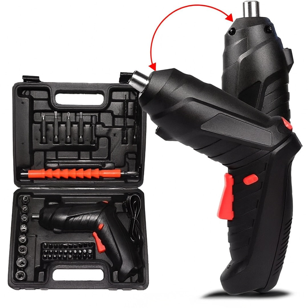 Surubelnita Electrica Portabila Macvi®, 47 Piese Acumulator Reincarcabil Maner Rotativ 90-180° Set Biti si Capete Tubulare Trusa Transport Negru