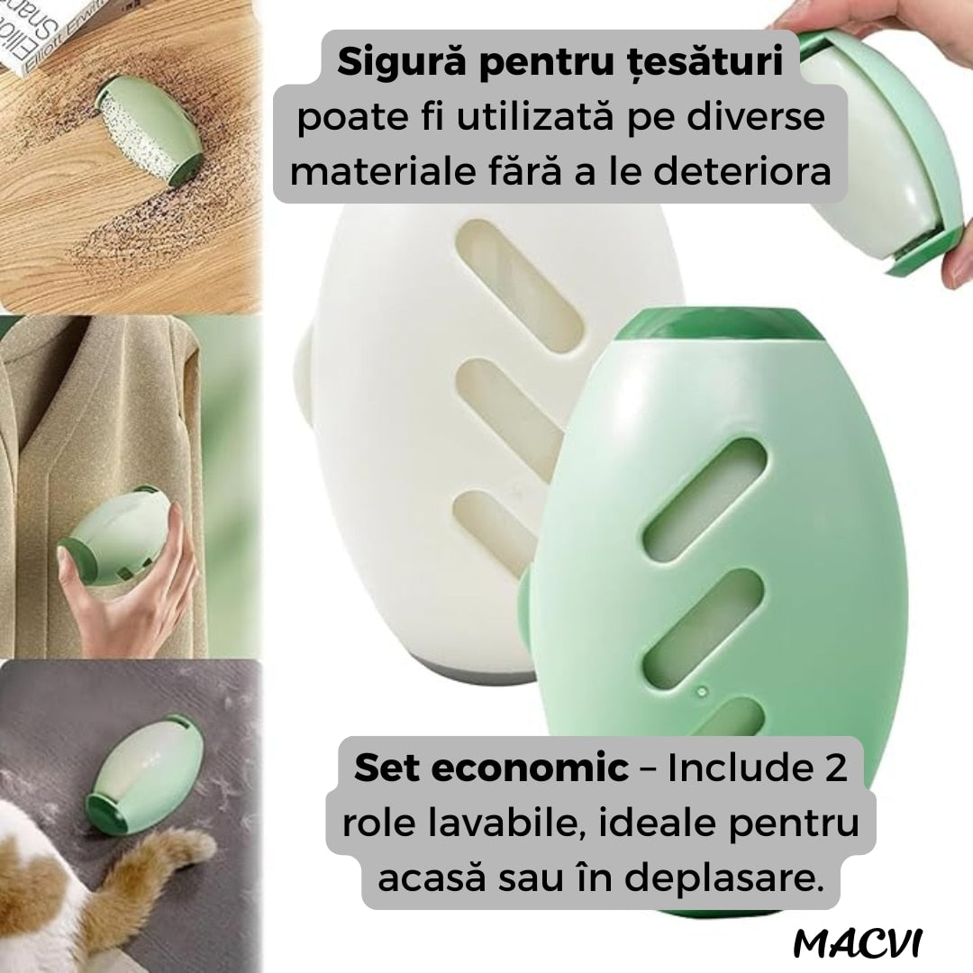 Set 2 role scame reutilizabile Macvi®, lavabile, super adezive, mini, portabile, ideale pentru haine, par de animale si calatorii