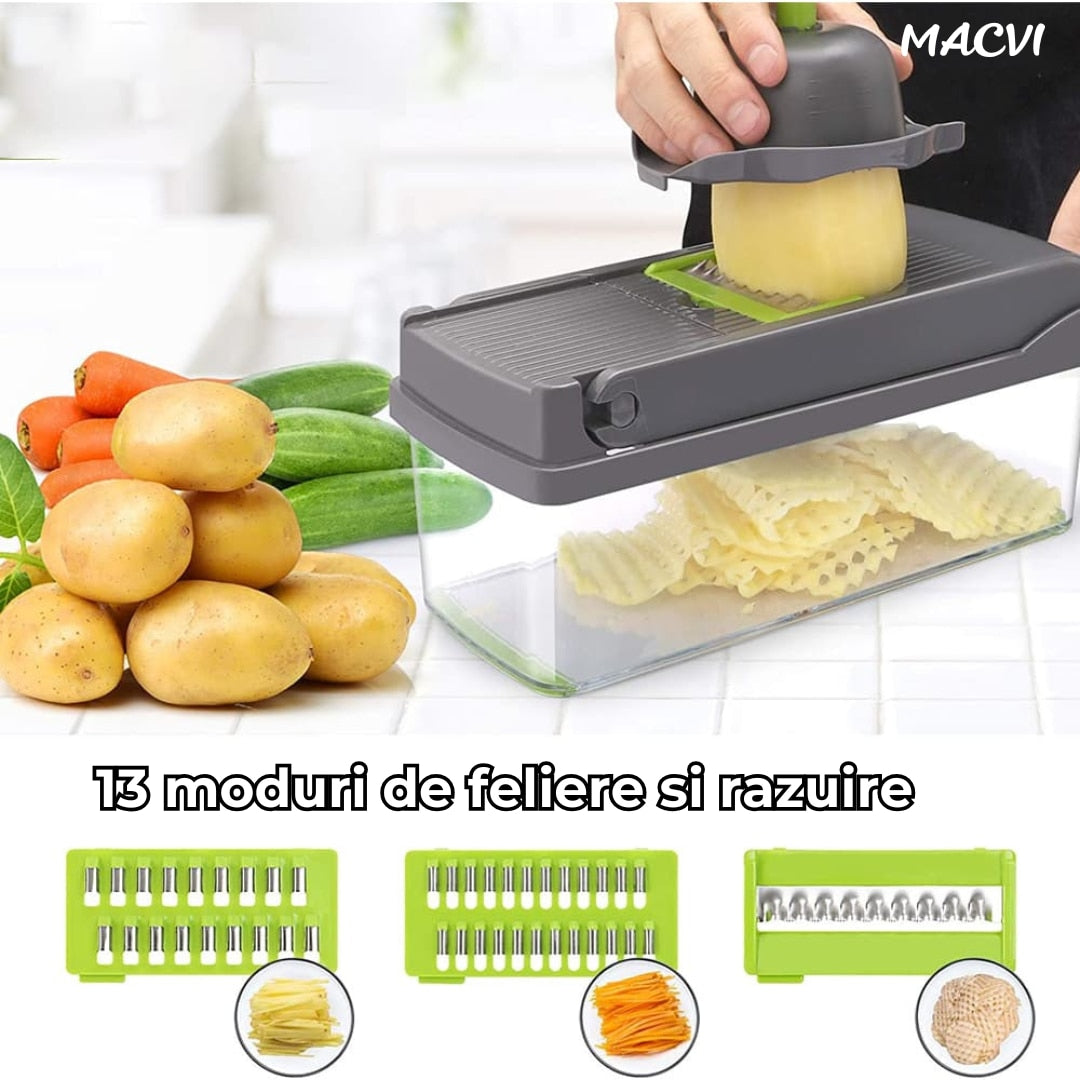 Razatoare Multifunctionala 15 in 1 Macvi®, 20 Piese, 13 Tipuri de Feliere, Ideala pentru Fructe, Legume si Branzeturi, Otel Inoxidabil, Verde/Gri